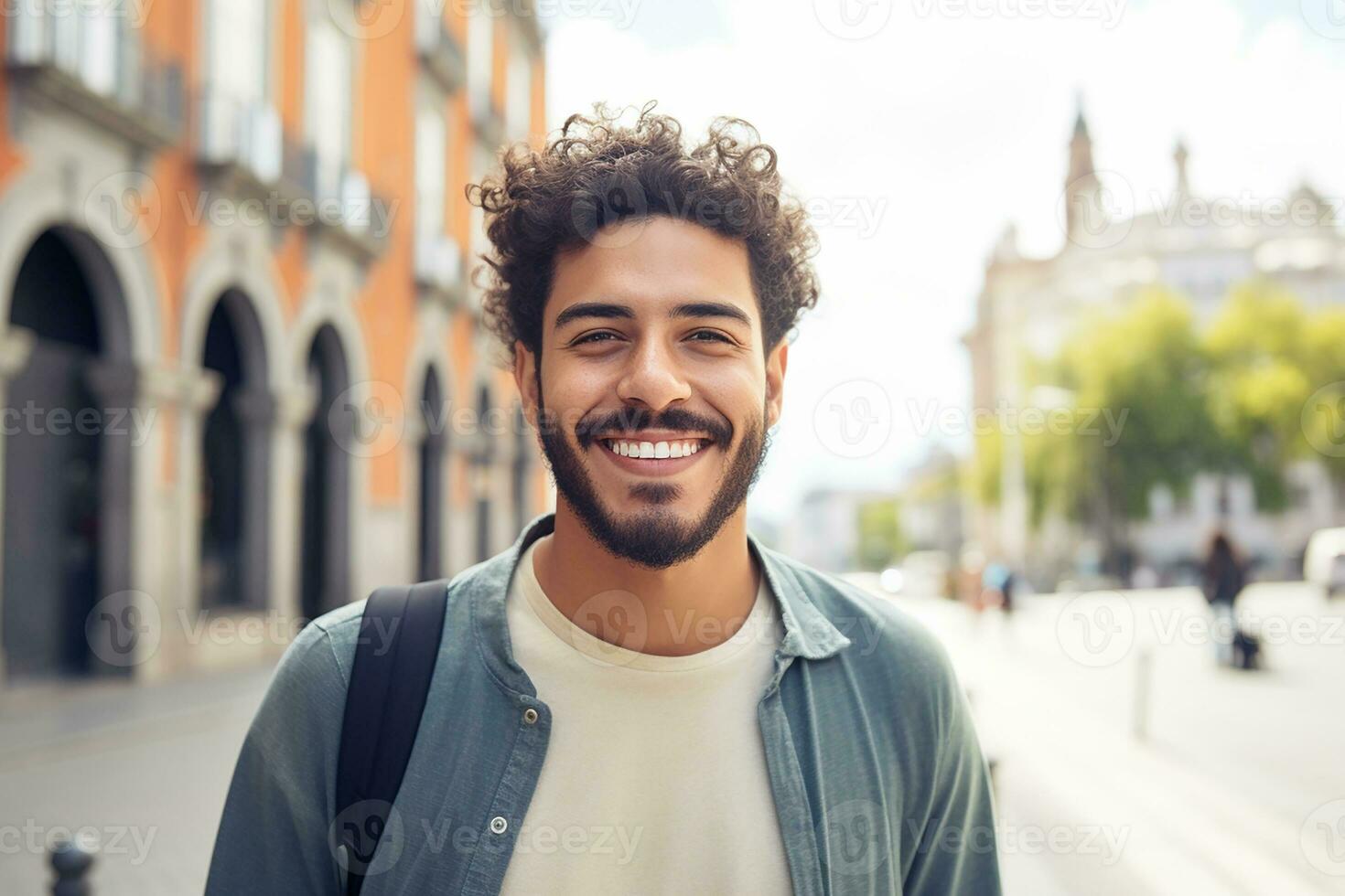 ai generado sonriente caucásico hombre a calle foto