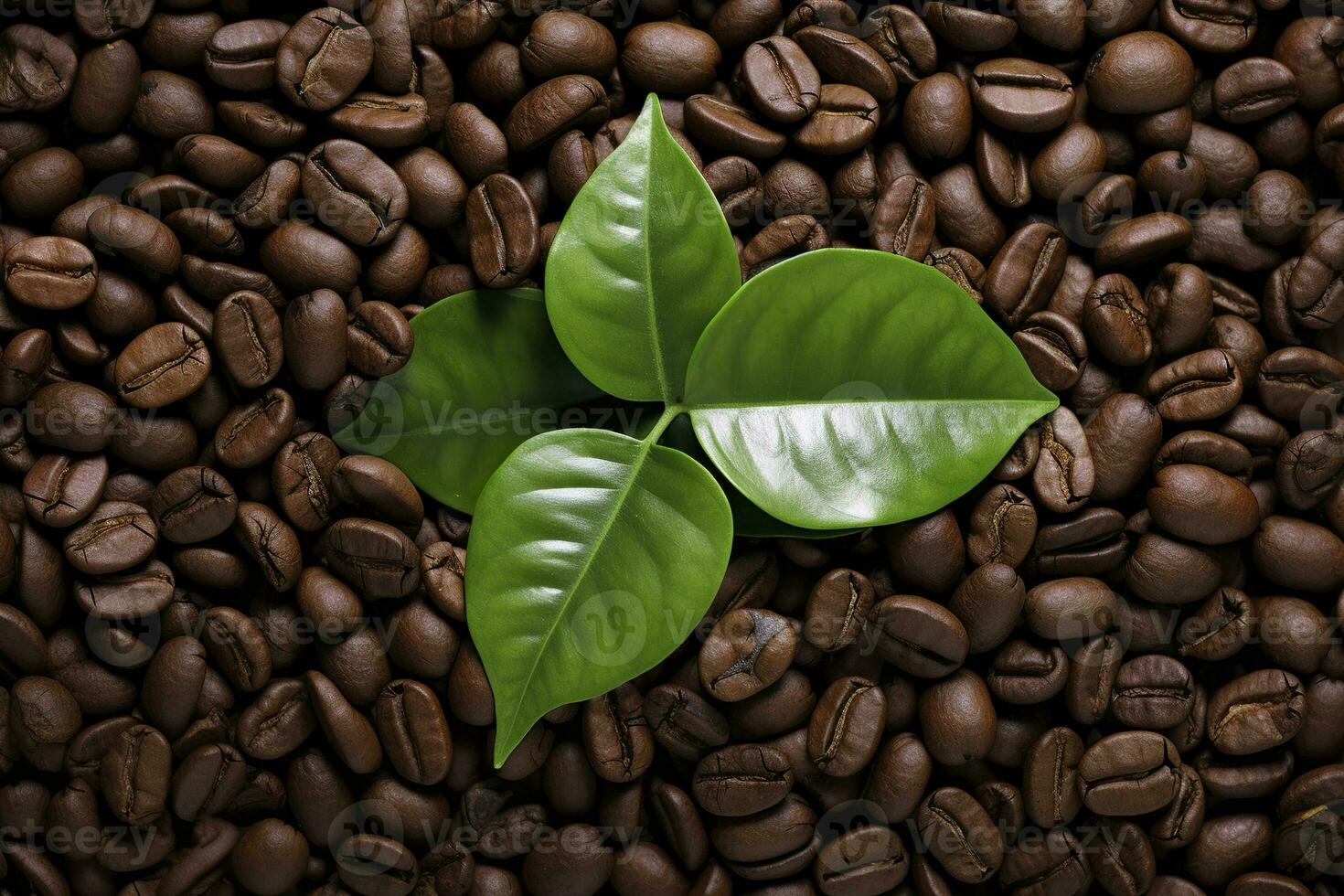 AI generated Green leaves with coffee beans as background. AI Generated photo