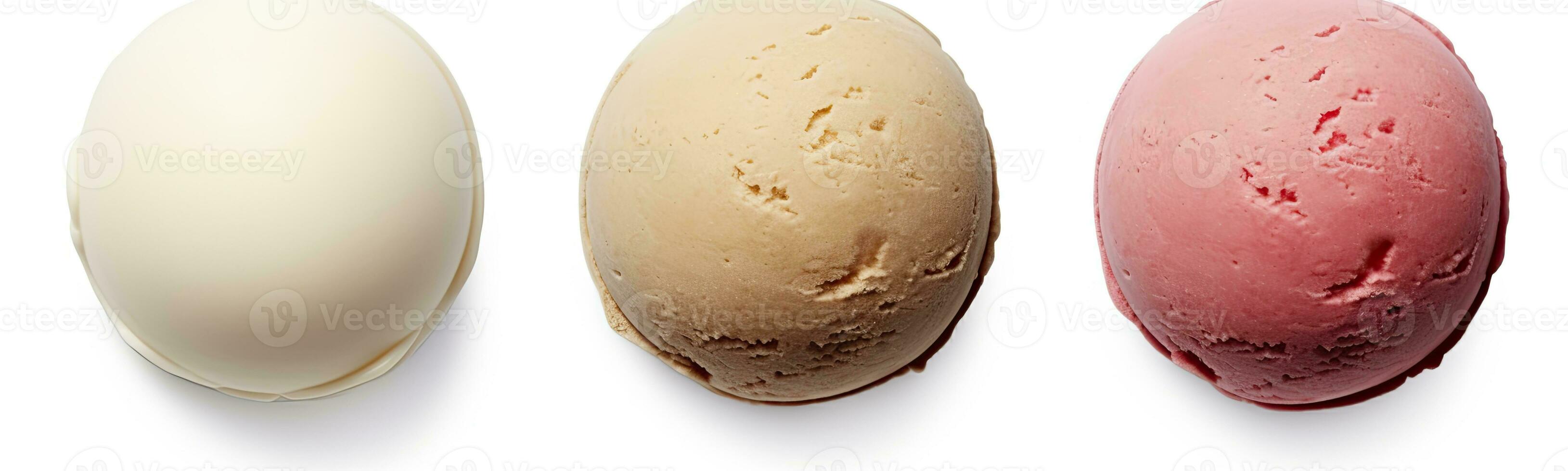 AI generated Set of four various ice cream balls or scoops isolated on white background. AI Generated photo