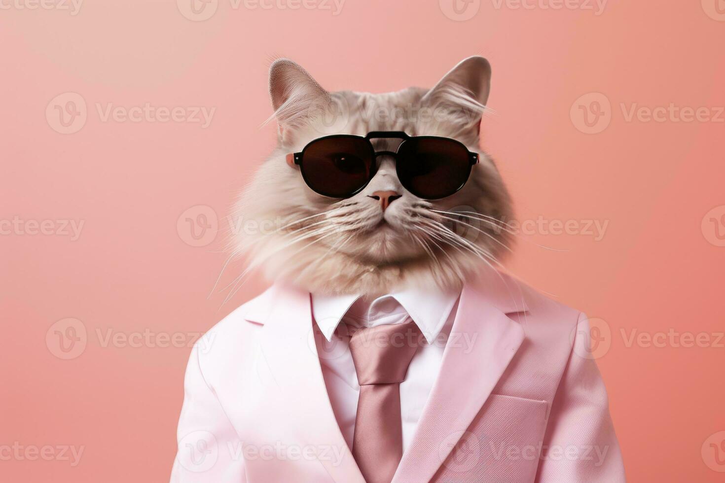 AI generated A cat is wearing sunglasses and suit on Pink Background. AI Generated photo