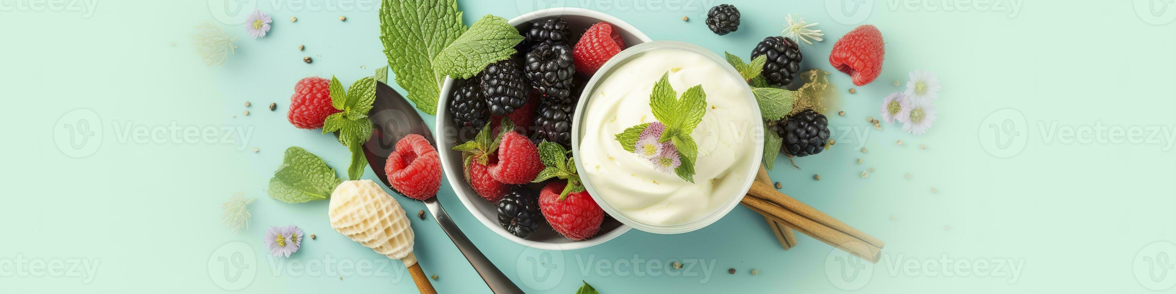 AI generated Scoops of Vanilla, mint leaves in a glass bowl, sprinkles, berries, and flowers. Generative AI photo
