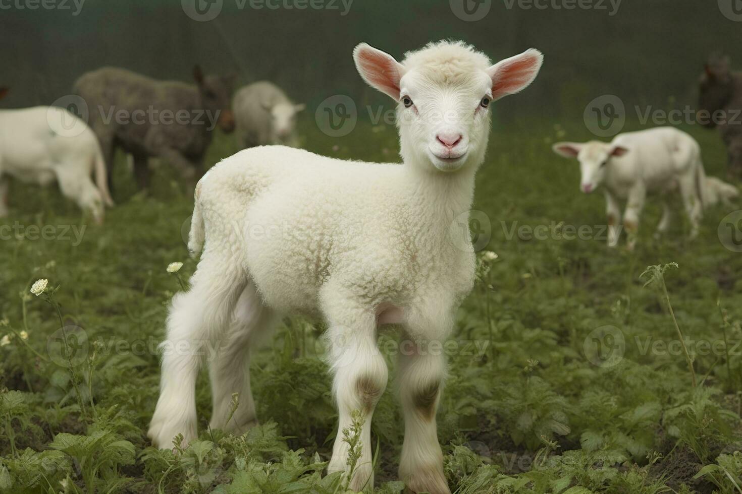 ai generado blanco Cordero en un campo en frente de otro animales generativo ai foto