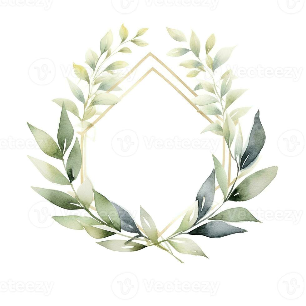 AI generated Watercolor geometry shape wreath with green leaf. AI Generated photo