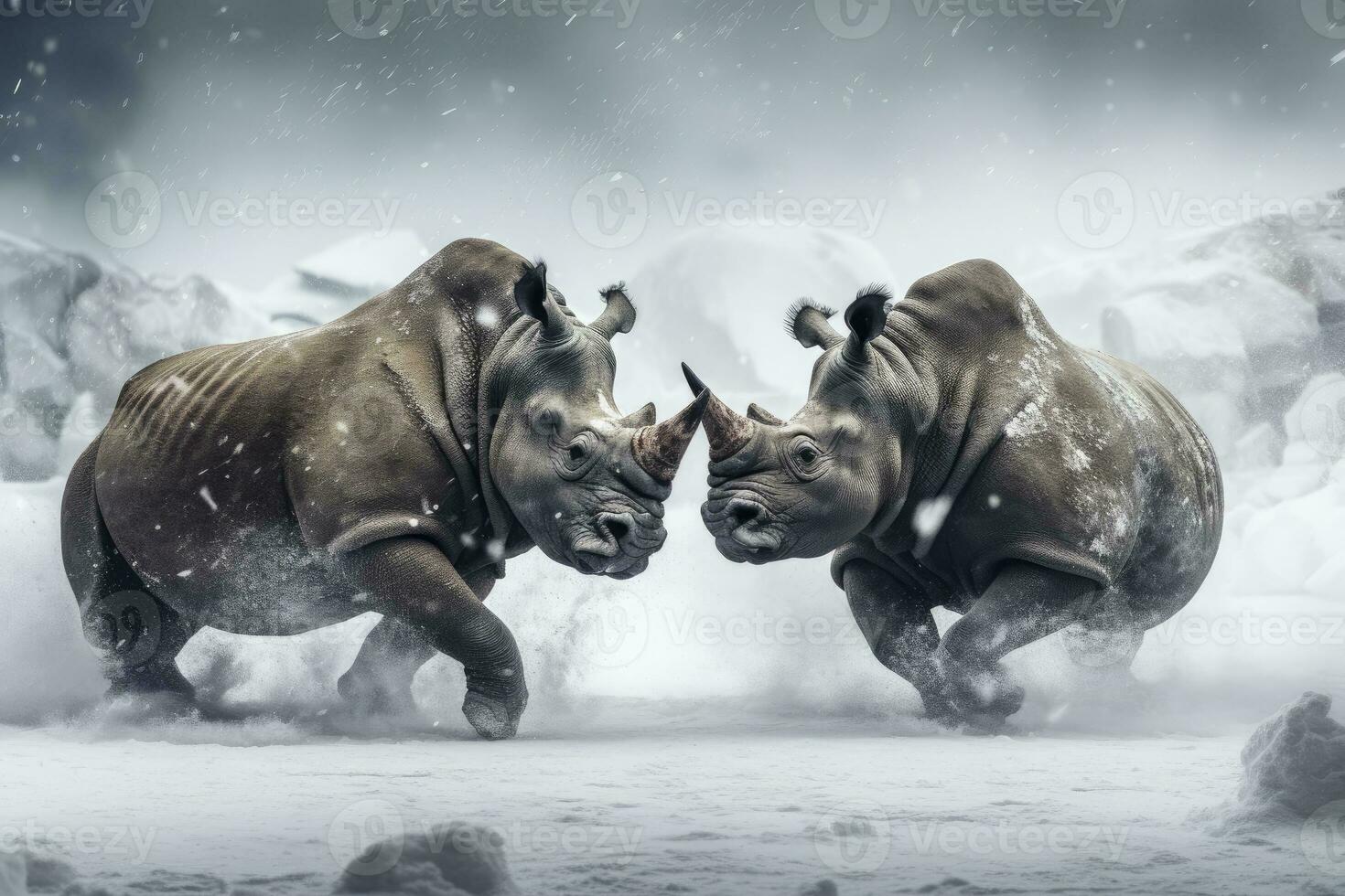 AI generated Two Rhinoceros getting ready for fight on Ice. AI Generated photo