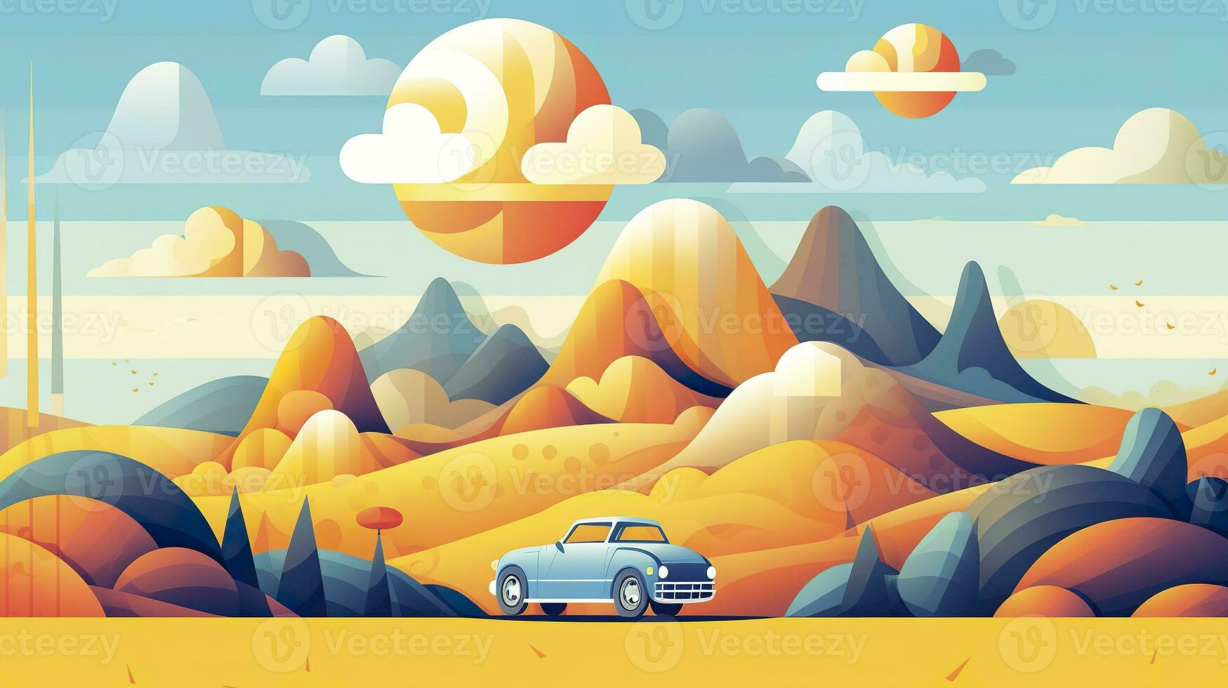 ai generado animado gif de un coche conducción mediante un montañoso paisaje con equipaje caja en arriba, en amarillo, azul, y verde. ai generativo foto