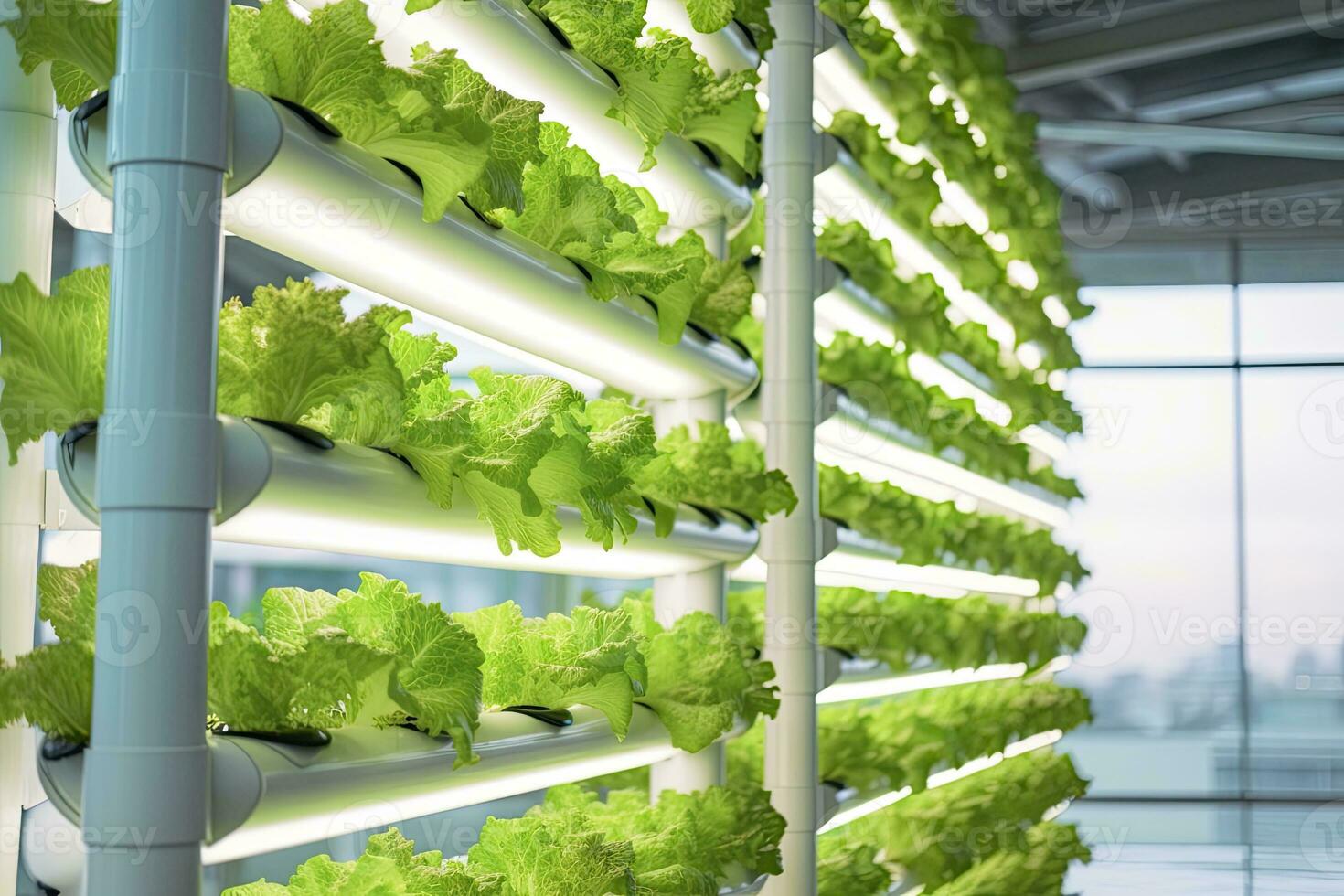 AI generated Vertical Hydroponic Plant System With Cultivated Lettuces. AI Generated photo