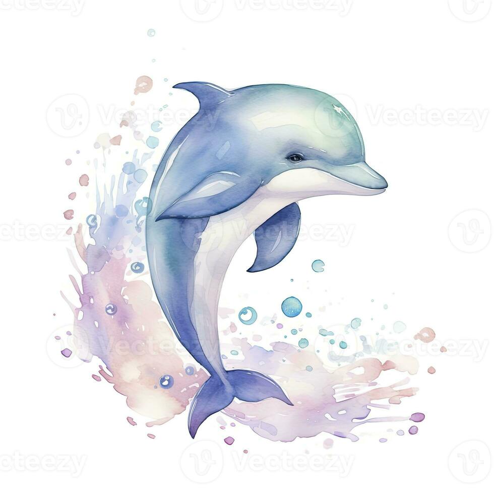 AI generated Watercolor fantasy Baby Dolphin clip art isolated white background. AI Generated photo