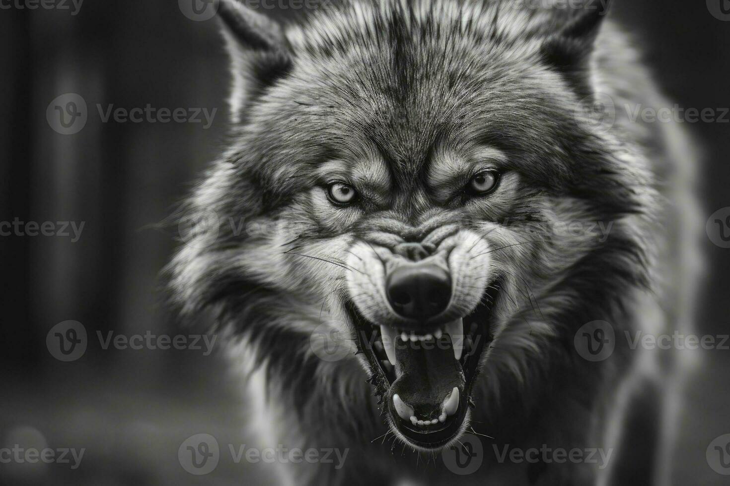 AI generated Greyscale closeup shot of an angry wolf with a blurred background. AI Generated photo