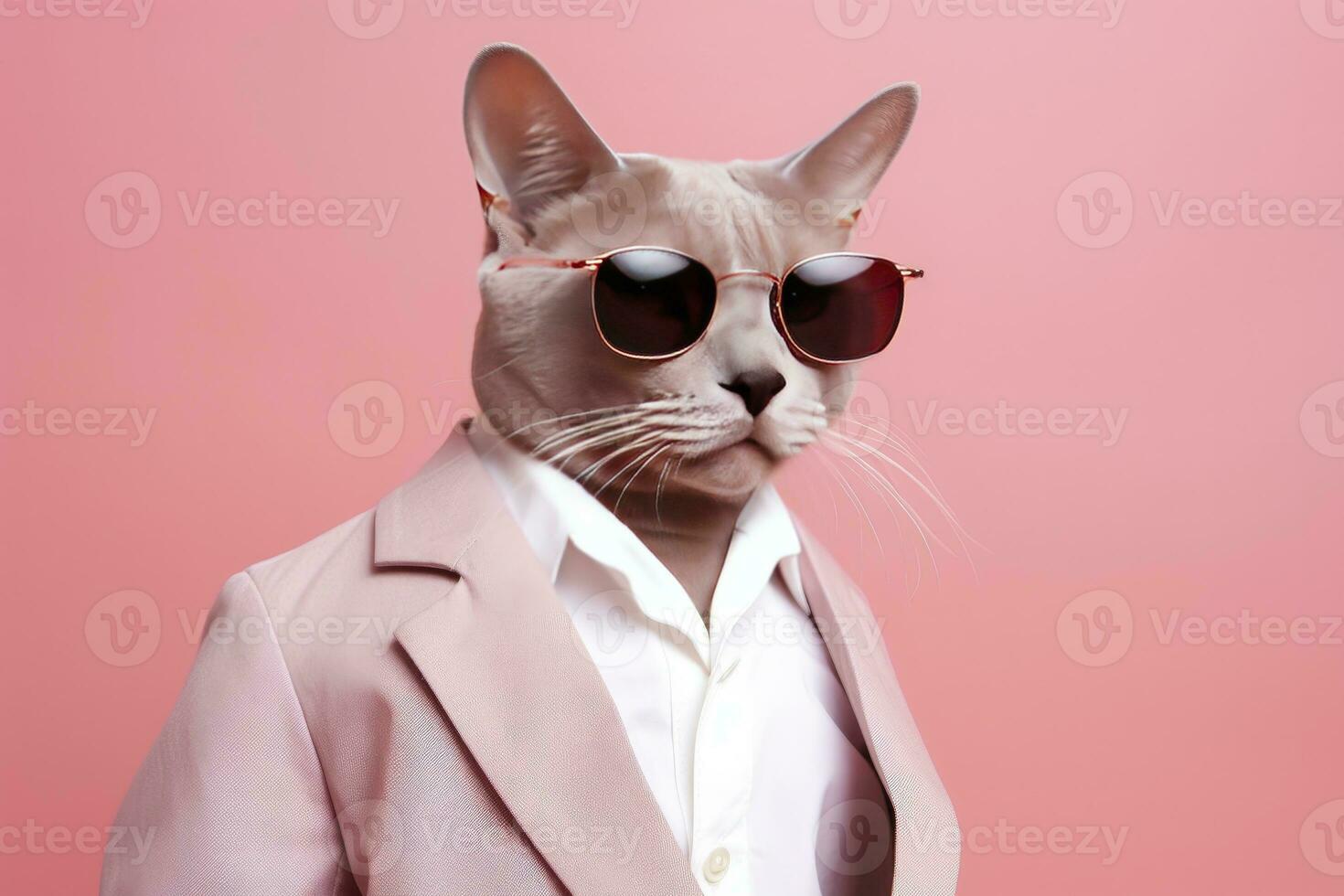 AI generated A cat is wearing sunglasses and suit on Pink Background. AI Generated photo