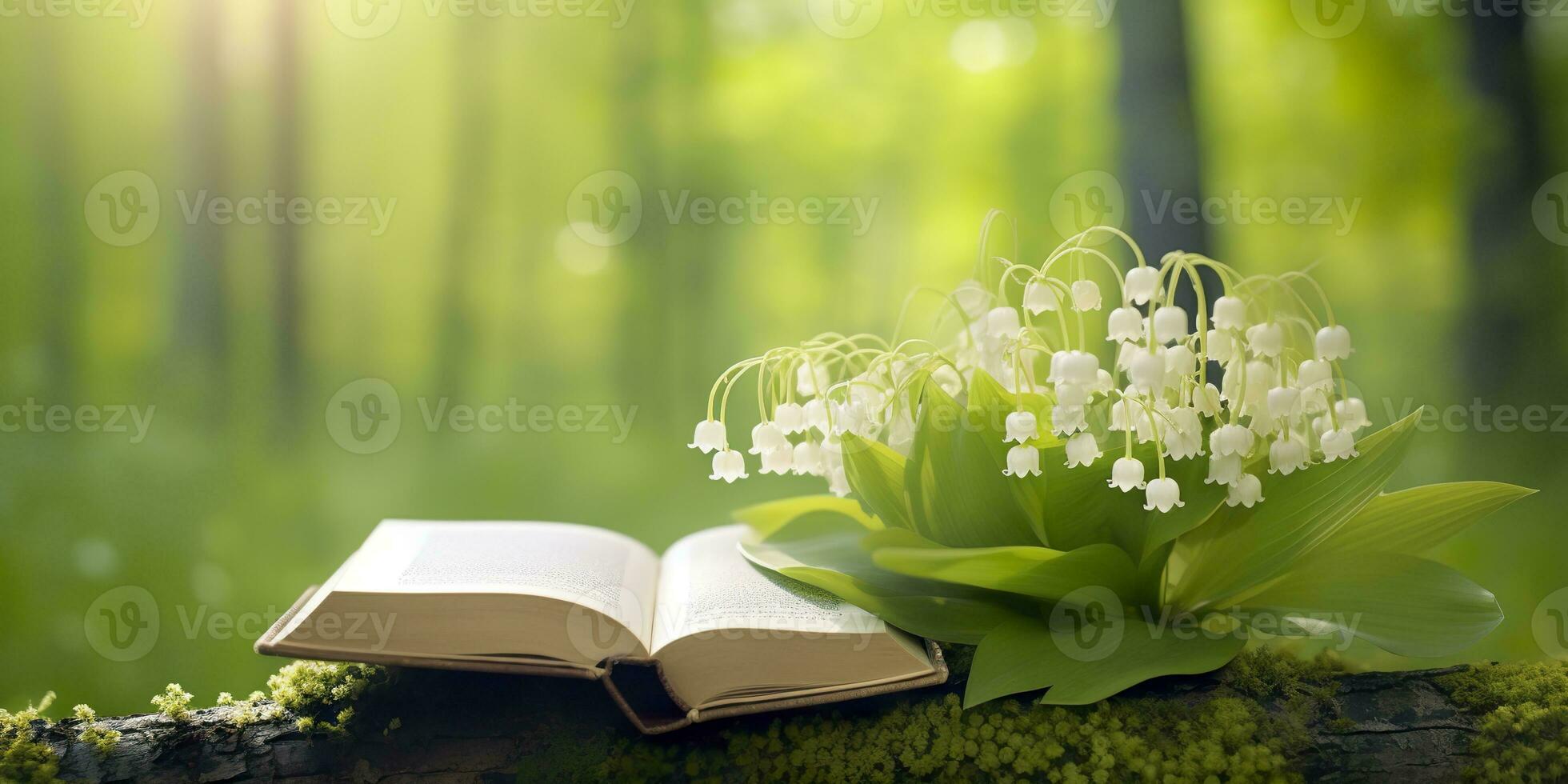 AI generated Lily of the Valley flowers and old books in the forest, green natural background. AI Generated photo
