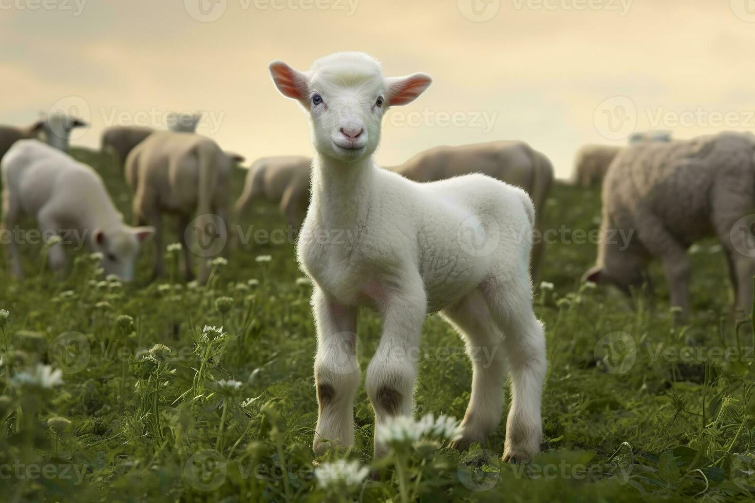 ai generado blanco Cordero en un campo en frente de otro animales generativo ai foto