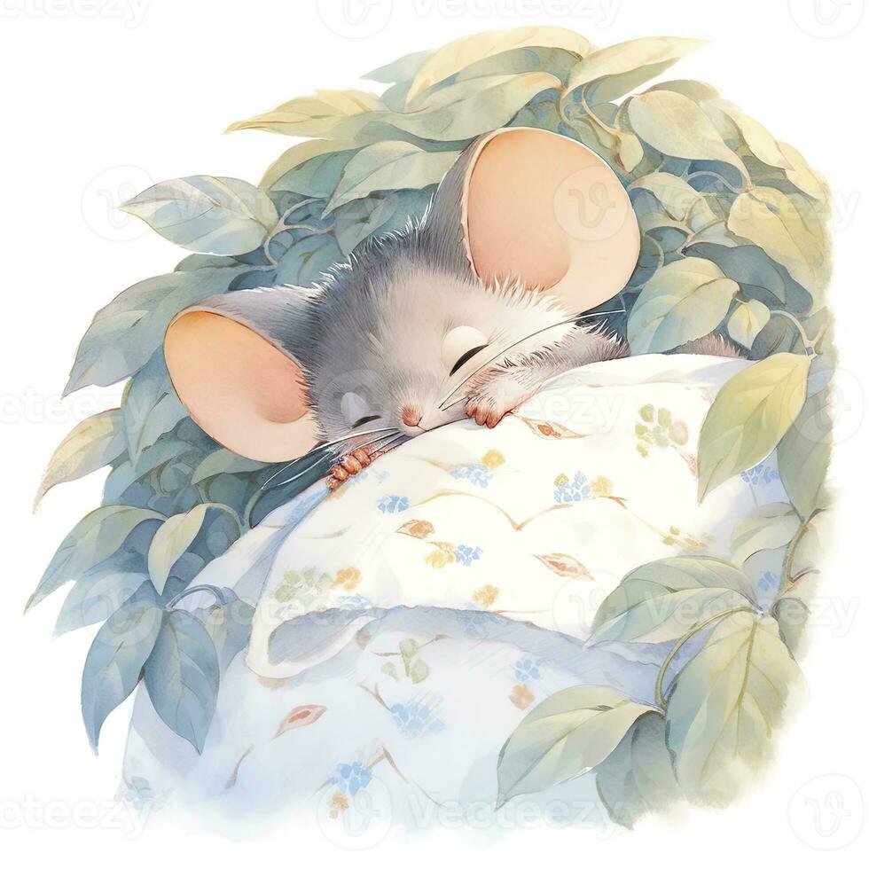 AI generated A sleepy baby mouse in a bedding, watercolor illustration.  AI Generated photo