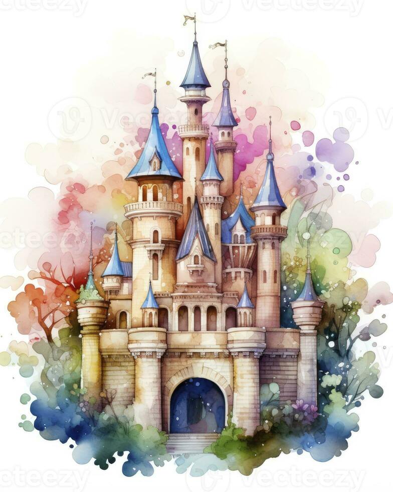 AI generated Colorful watercolor kawaii castle isolated on white background. AI Generated photo
