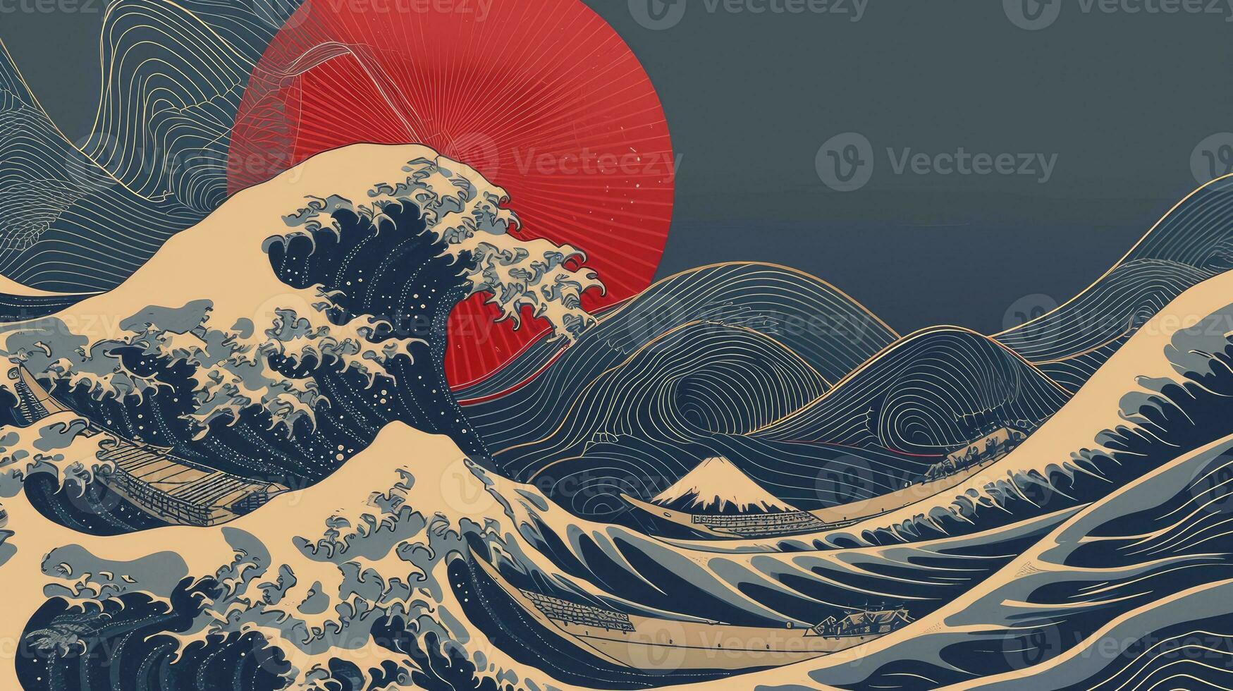 AI generated Traditional japanese style simple line waves background. photo