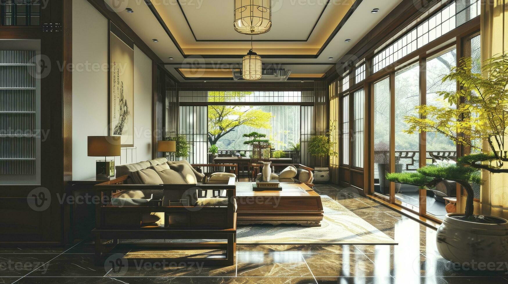AI generated 3d rendering japanese style living room photo