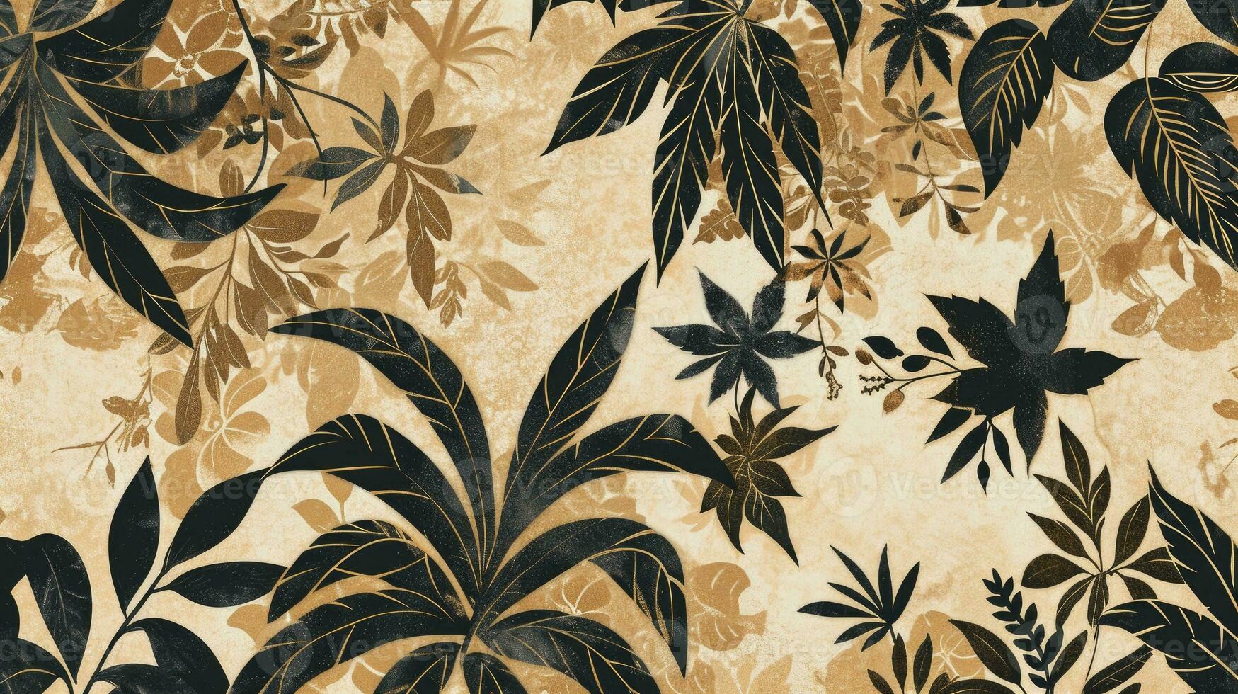 AI generated A Japanese style seamless tile with exotic foliage pattern in soft brown and black photo