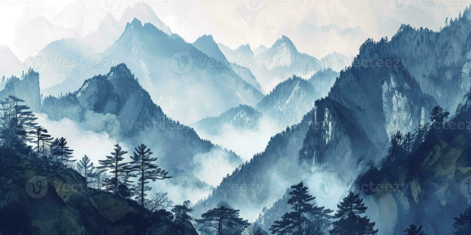 AI generated Mountain scenery, Watercolor. Chinese or Japanese Blue Mountains. Landscape of foggy mountains in the early morning photo