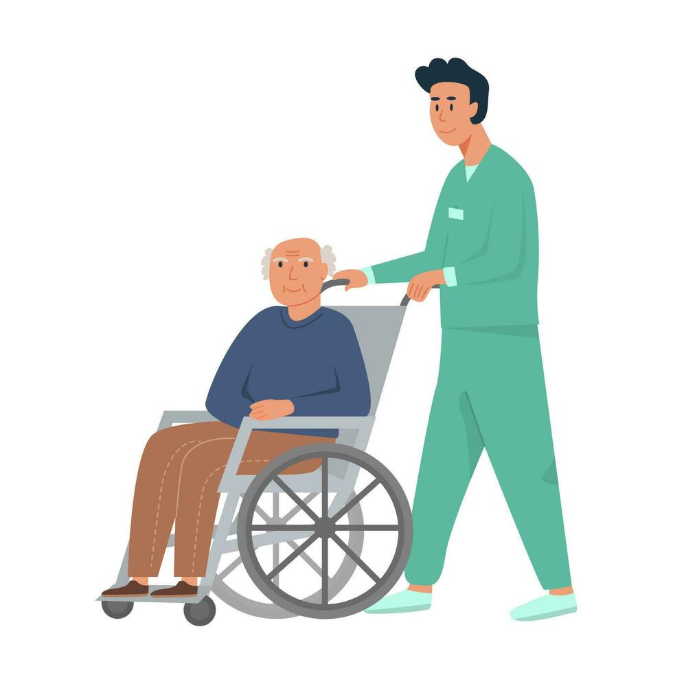 Male nurse with old man on wheelchair. Grandpa sitting in wheelchair. Retired elderly senior age man disabled. Concept for assisted living or nursing home. Flat vector illustration on white background