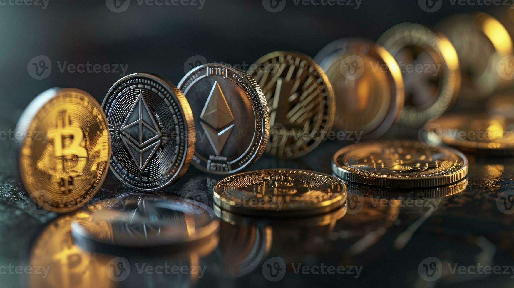 AI generated Symbolic cryptocurrency types represented as coins are lined up against dark background. photo
