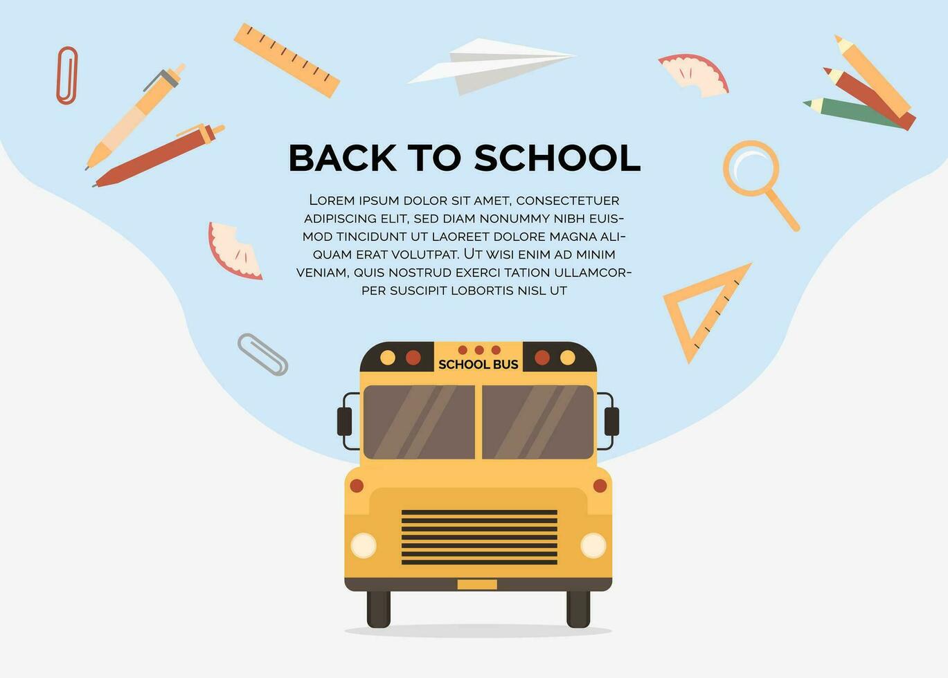 Back to school banner with yellow school bus. Concept illustration with supplies icons and stationery. Vector background design. Mockup for internet education, e-learning.