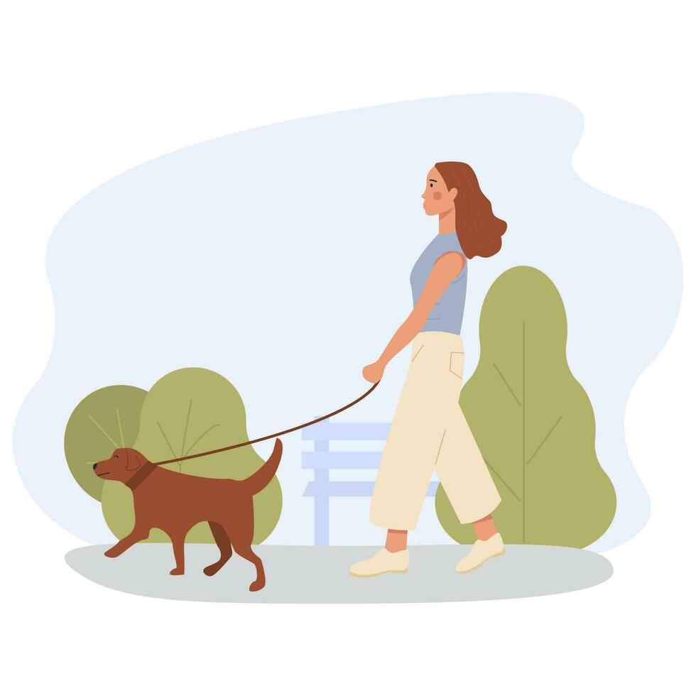 A girl alone walking dog outdoor in green park. Banner for dog walker company. Pet sitting. Labrador retriever outside on the walk. Flat vector illustration.