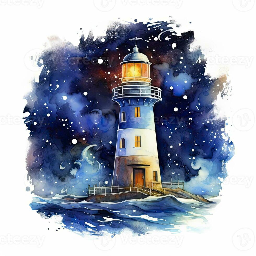 AI generated Lighthouse beside the sea at Night. watercolor for T-shirt design. AI Generated photo