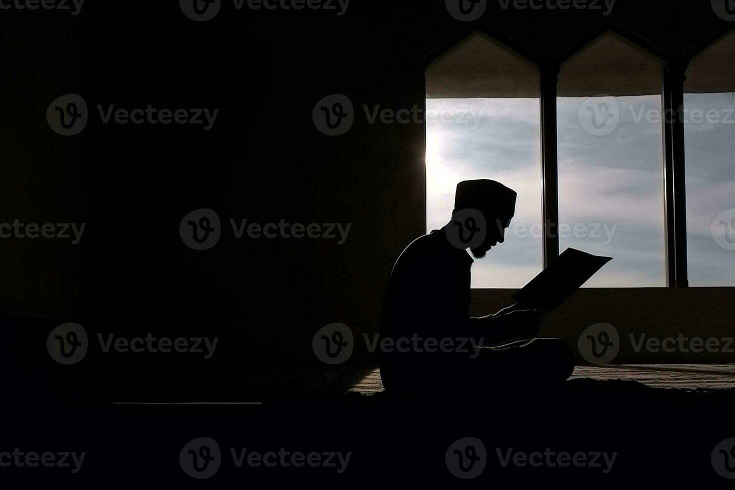 AI generated silhouette muslim man praying n the mosque photo