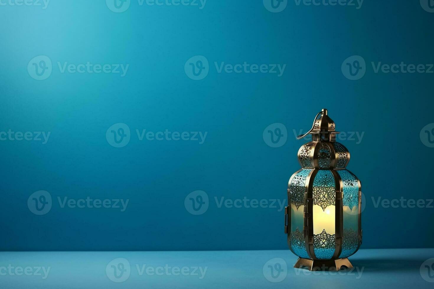 AI generated Arabic lantern glowing on blue background holy month Ramadan Kareem photo