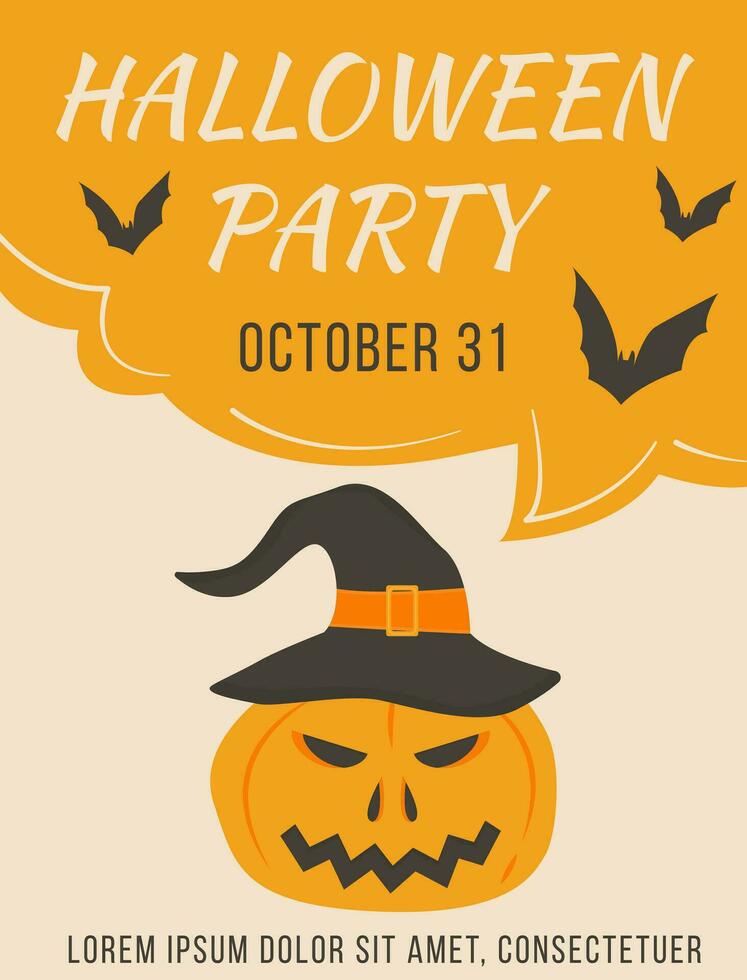 Poster of Halloween party with scary pumpkin and witch hat vector illustration. Placard or invitation of All saints day with bats and orange horror face. Autumn holiday advertising flyer.