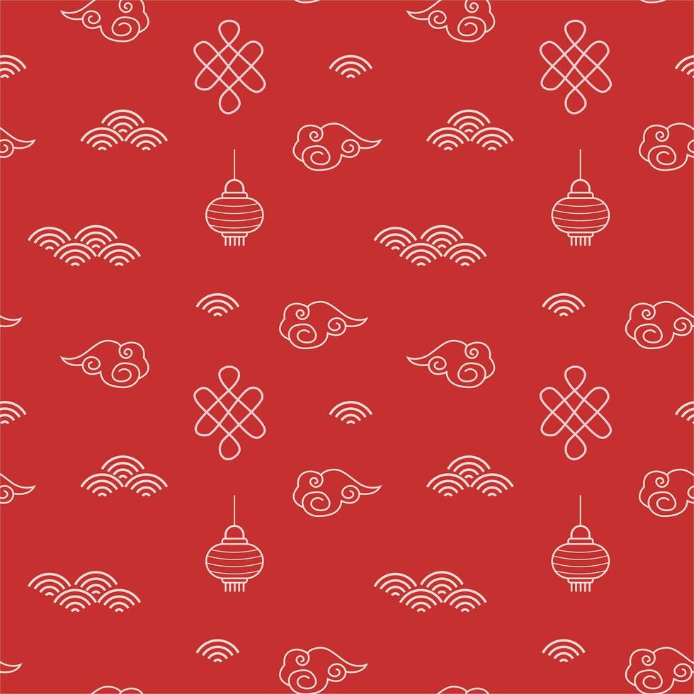 Chinese red seamless pattern for new lunar year or mid autumn festival. Paper lanterns, clouds and waves outlined in flat style. Asian festive icons on bright background. Vector illustration.