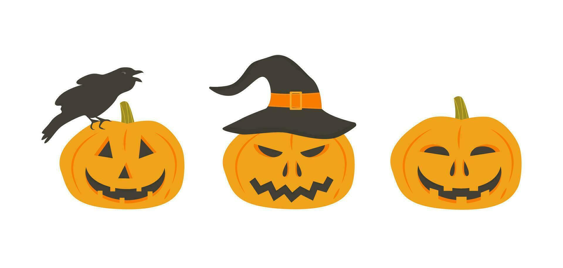 conjunto de de miedo calabazas en bruja sombrero. Siniestro calabaza cara con cuervo. Jack linterna caracteres. colección de diseño elementos para Víspera de Todos los Santos fiesta invitación o volantes. vector ilustración aislado.