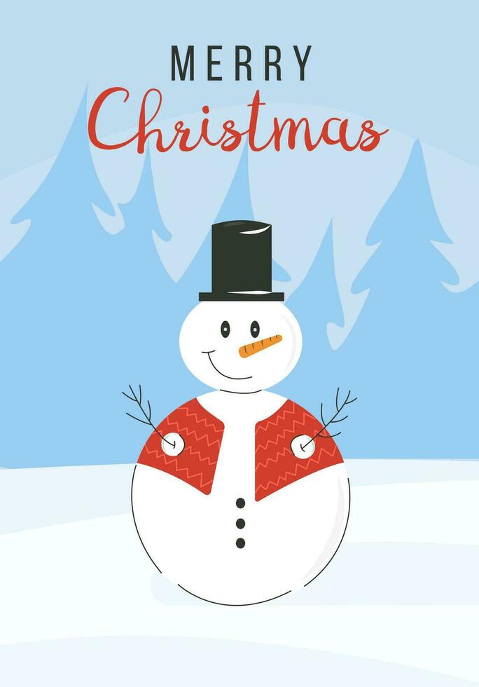 Winter holidays or Christmas greeting card or postcard with dressed snowman with hat and carrot and snowflakes. Xmas winter holiday scene. Vector illustration.