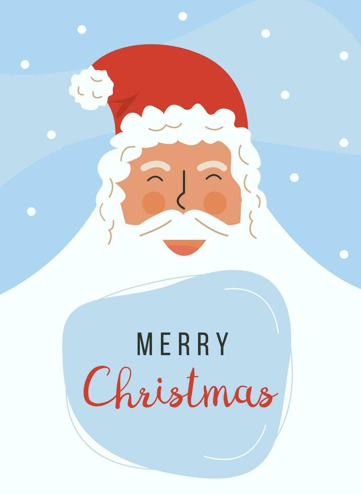 Cute santa claus face flat vector illustration. Traditional festive winter holiday greeting card, postcard design element. New year symbol and merry christmas typography on blue snowing background.