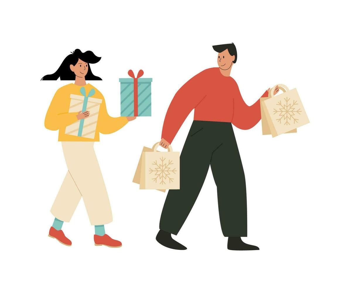 A man and woman doing Xmas shopping. Guy and girl holding gifts in their hands and walking. A couple buying presents on Christmas sale. Modern disproportional flat character isolated on white. vector