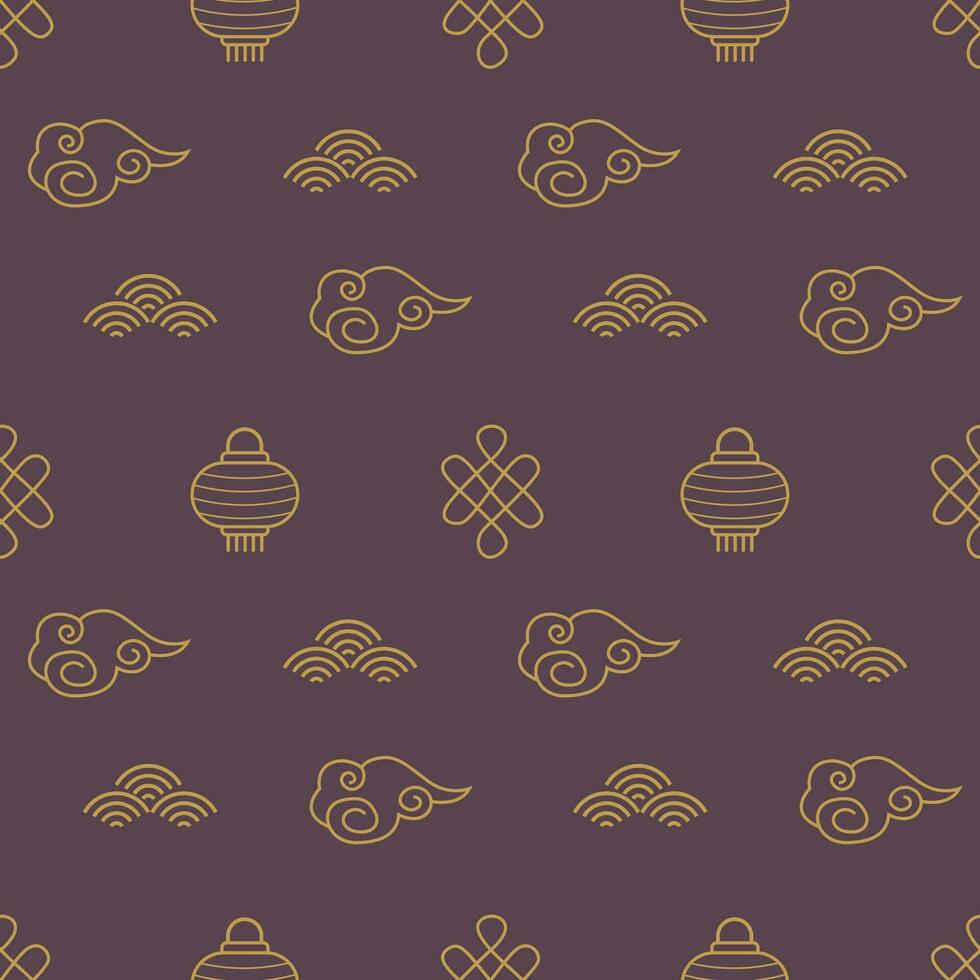 chino sin costura patrones. oscuro asiático antecedentes con dorado elementos. China tradicional ornamento con nubes, papel linternas celebracion envase, textil para medio otoño festival o nuevo año fiesta vector