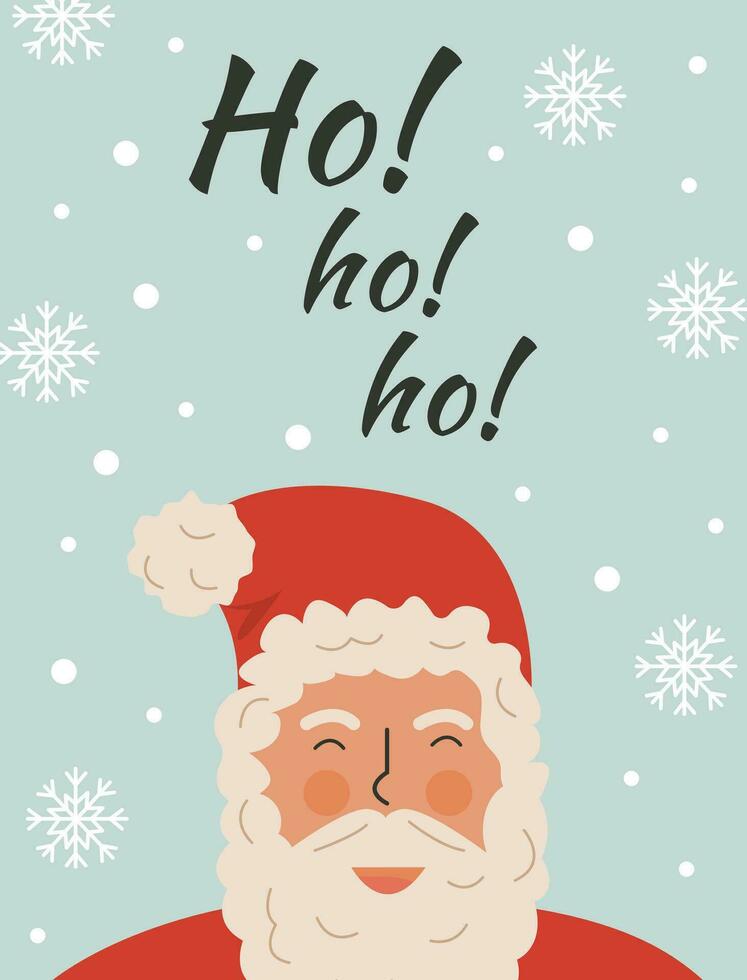 Cute santa claus face flat vector illustration. Traditional festive winter holiday greeting card, postcard design element. New year symbol and ho ho ho typography on blue background with snowflake.