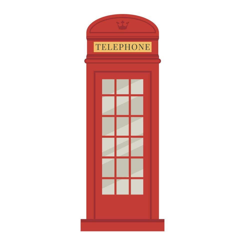 London phone booth. Red historic British telephone box. Flat cartoon isolated element icon. Travelling to England. vector