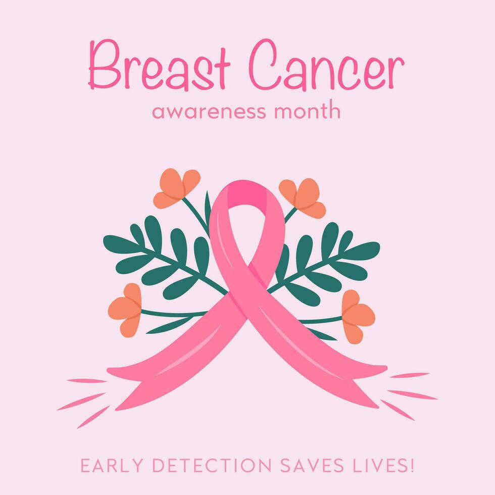 Poster for Breast Cancer Awareness Month. Flyer for october campaign against woman oncology illness. Placard with a pink ribbon and flowers and plants around it. Vector illustration. Banner.
