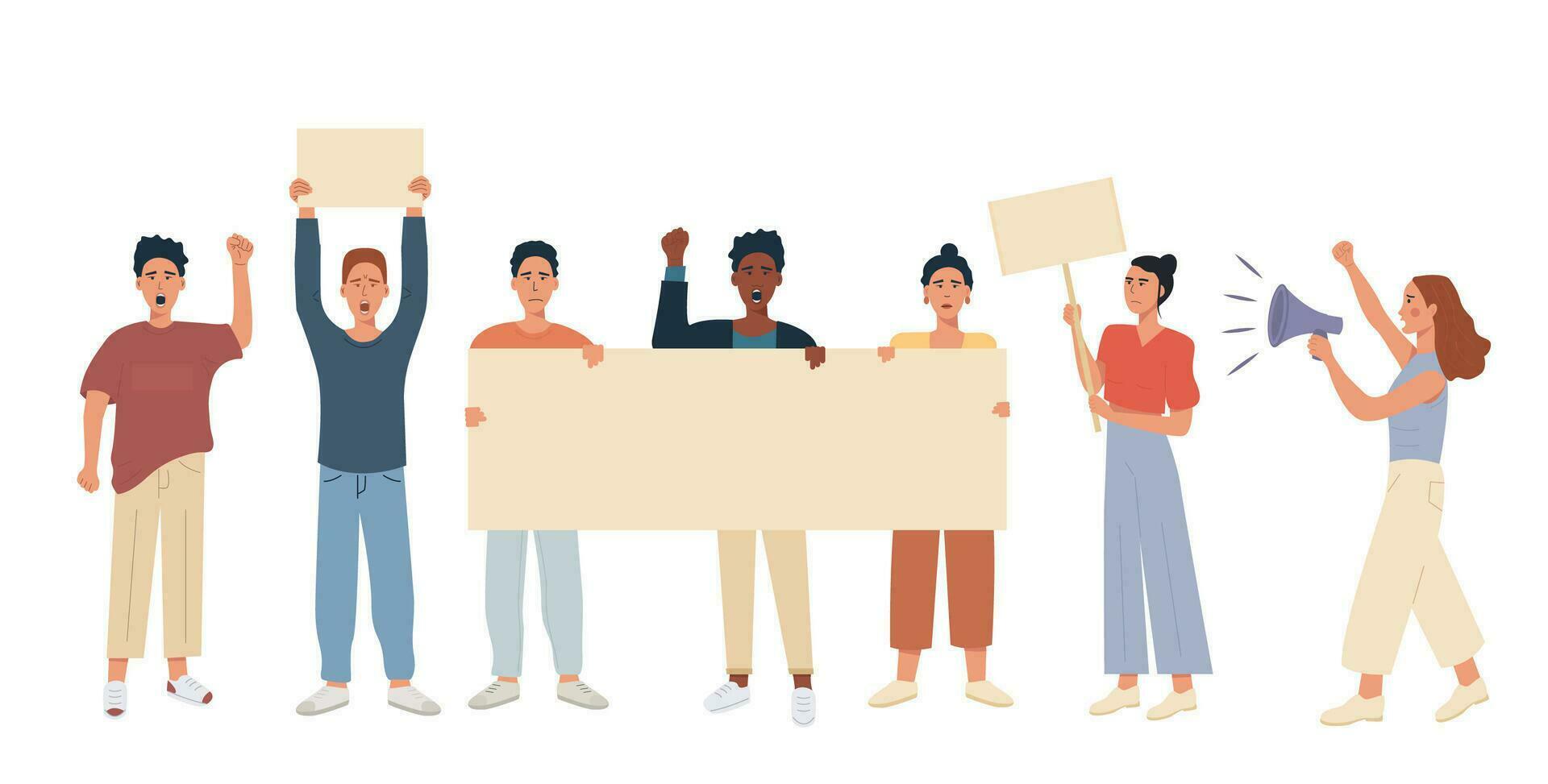 Diverse group of people protesting on the street. Male and female mix race multiethnic protesters holding blank placard banner, raised hand fist up and speaking in megaphone. Vector flat illustration.