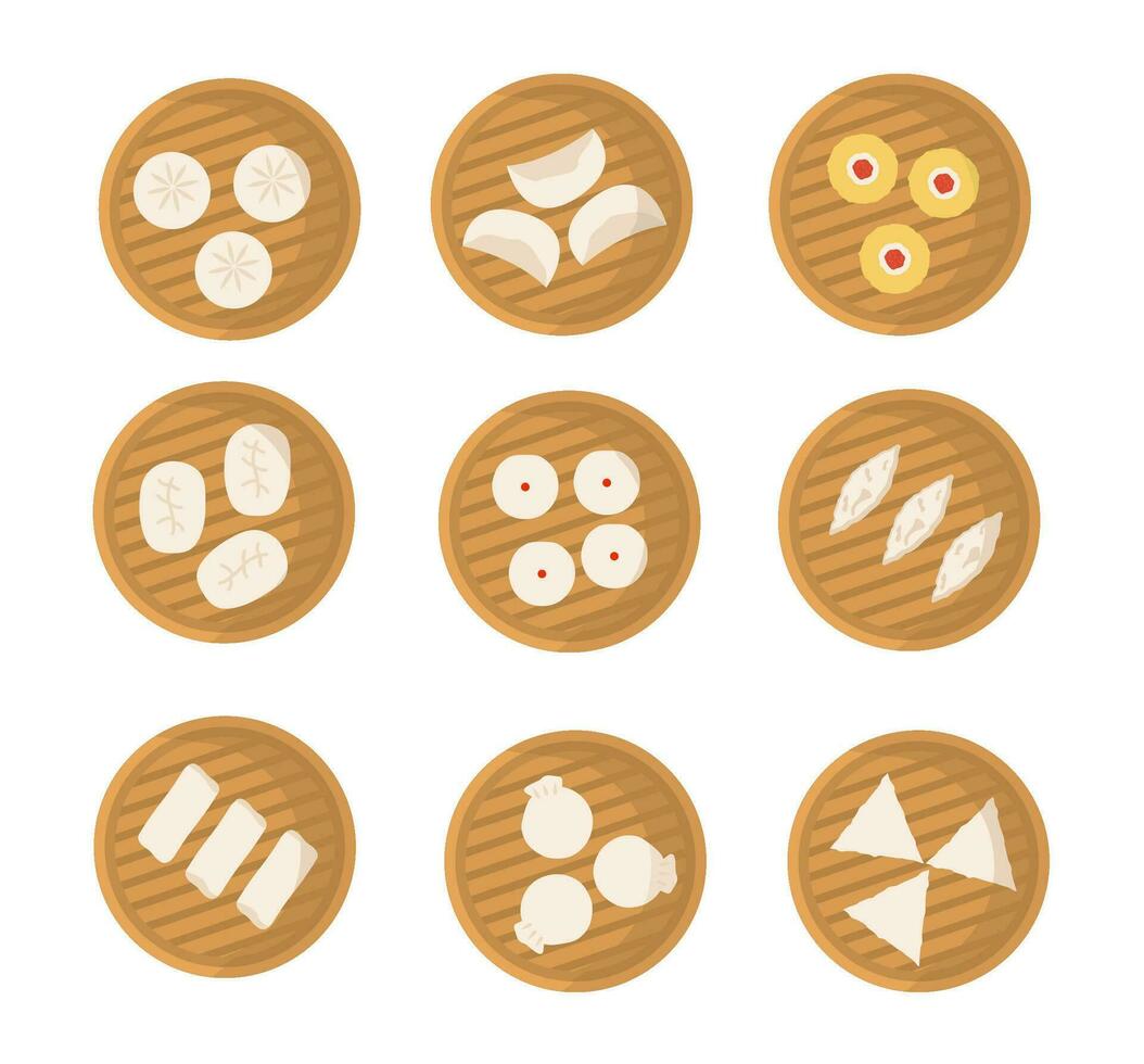 Set of japanese or chinese dumplings in bamboo steamer. Dimsum, Baozi, Bao. Vector flat cartoon illustration. Asian food