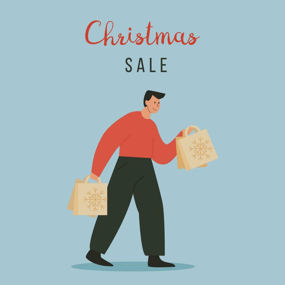 un Navidad personaje corriendo con compras bolsas. joven hombre que lleva compras pantalones con compras chico tomando parte en estacional Navidad venta, negro viernes. dibujos animados personaje aislado, vector ilustración.