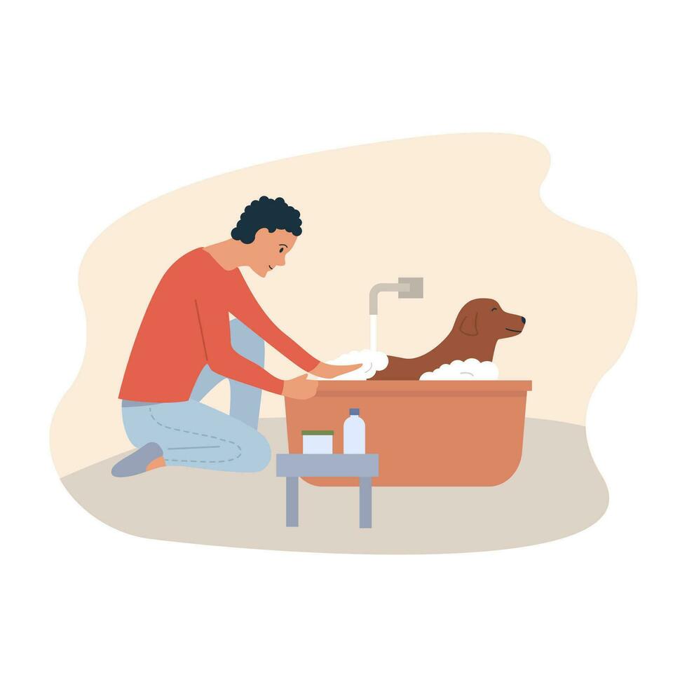 Scene of cartoon young male washing or cleaning his dog with shampoo and soap with foam in the bathroom. Pet care. Grooming for domestic animals. Doggy owner daily routine. Flat vector illustration.