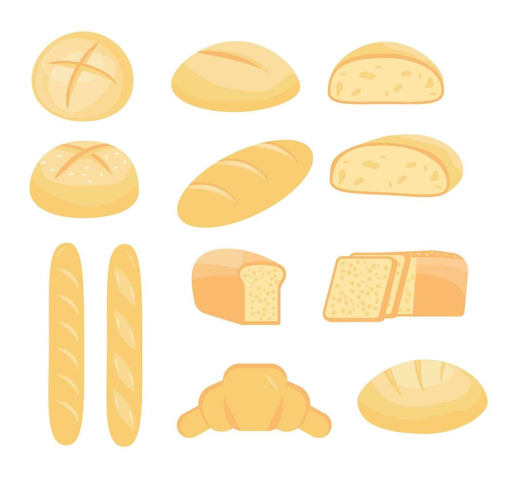 Set of cartoon baking pastry products for bakery menu, recipe book. French baguette, rye bread, whole wheat loaf, bagel, croissant, toast, sourdough, ciabatta, whole grain. Vector flat illustration.