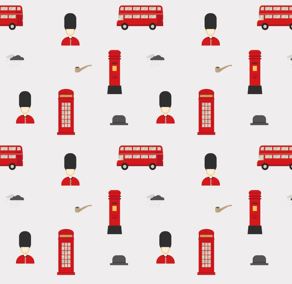 Seamless pattern of United Kingdom tourist attractions. Flat vector. British pattern. London symbols and landmarks. vector