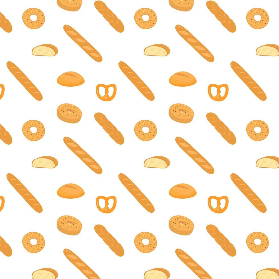 elegante sin costura modelo con diferente tipos de un pan y delicioso horneado productos en blanco antecedentes. fondo con hecho en casa Pastelería. junquillo, rosquilla, rosquilla. vector ilustración para textil impresión.