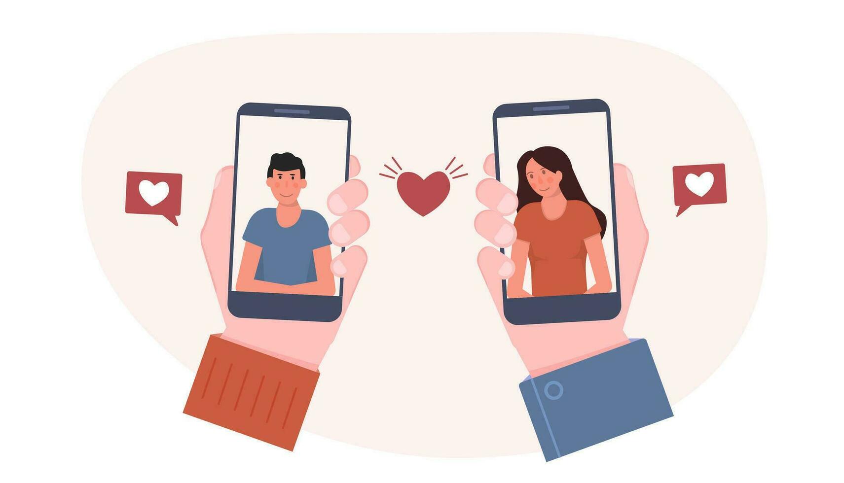 Concept of online dating app. People looking for a couple. Social media. Virtual relationship. People communications. Lovers chatting online. A hand with smartphone. Vector flat illustration.