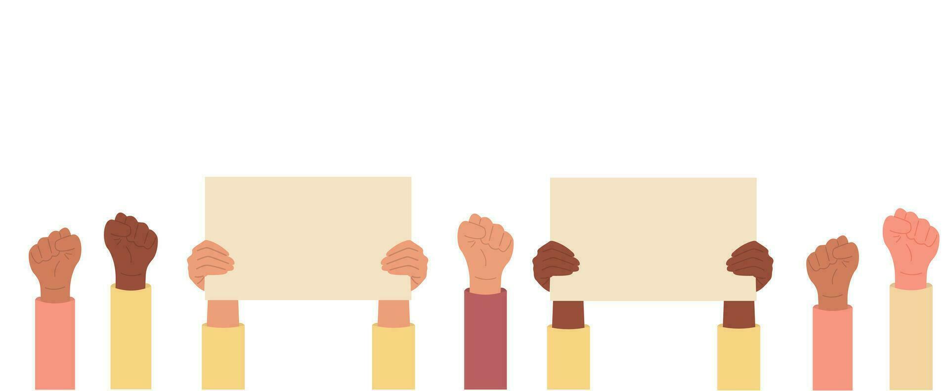 Collection of multicultural hands holding empty signs posters. Place for text. Agitation, protest, manifestation, rebel. vector