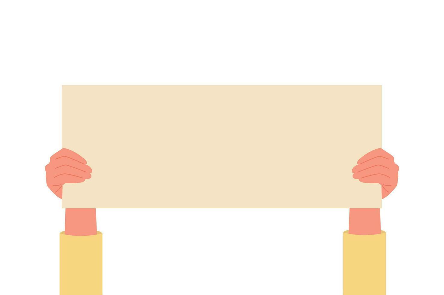 Hands holding empty banner with place for text vector flat illustration. Demonstrating placard. Board for advertisement