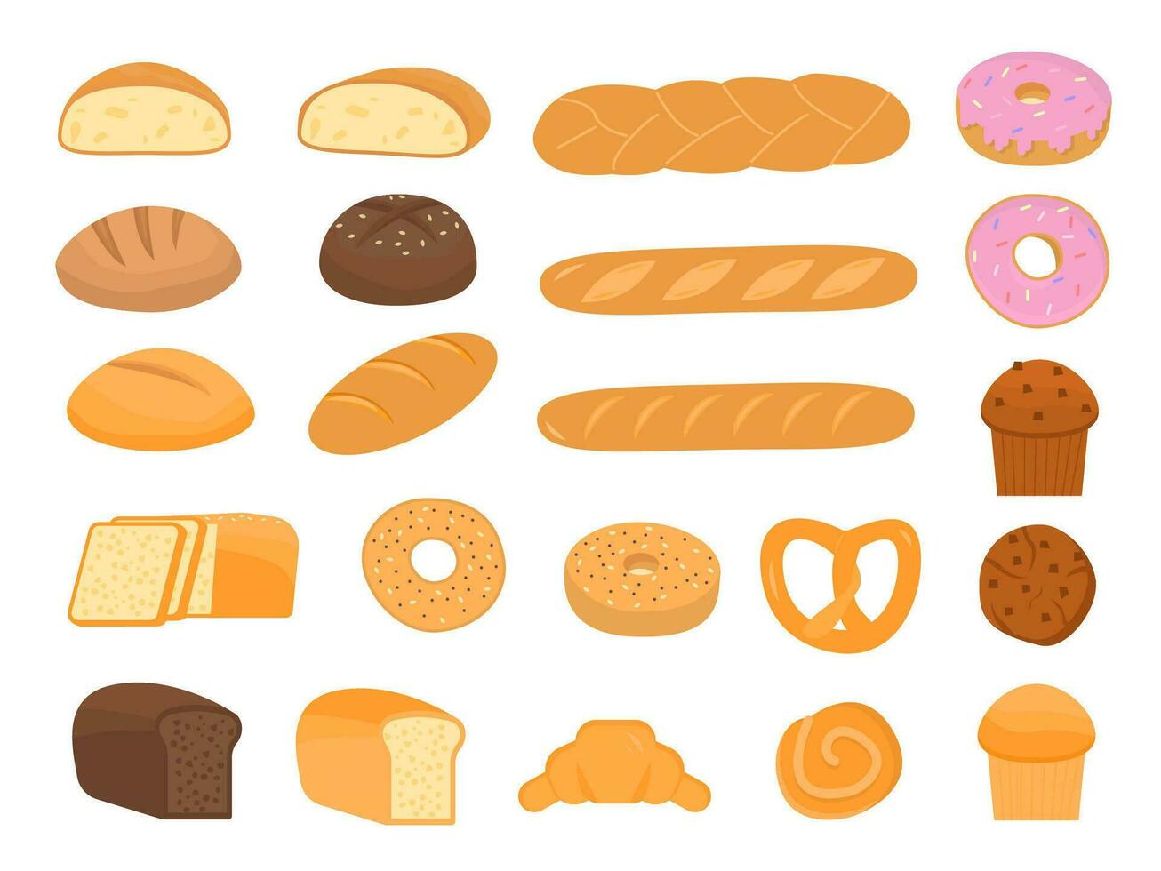 Set of cartoon baking pastry products for bakery menu, recipe book. French baguette, rye bread, whole wheat loaf, bagel, croissant, toast, sourdough, ciabatta, whole grain. Vector flat illustration.