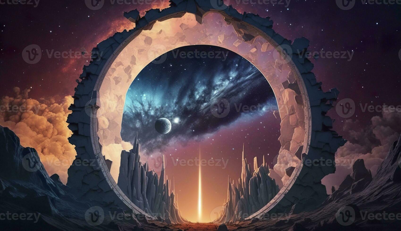 AI generated Portal to another world. Futuristic cosmic landscape with circle tunnel in starry sky. Generative AI photo